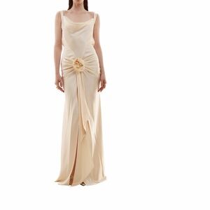 Backless Champagne Evening Gown with Floral Rosette